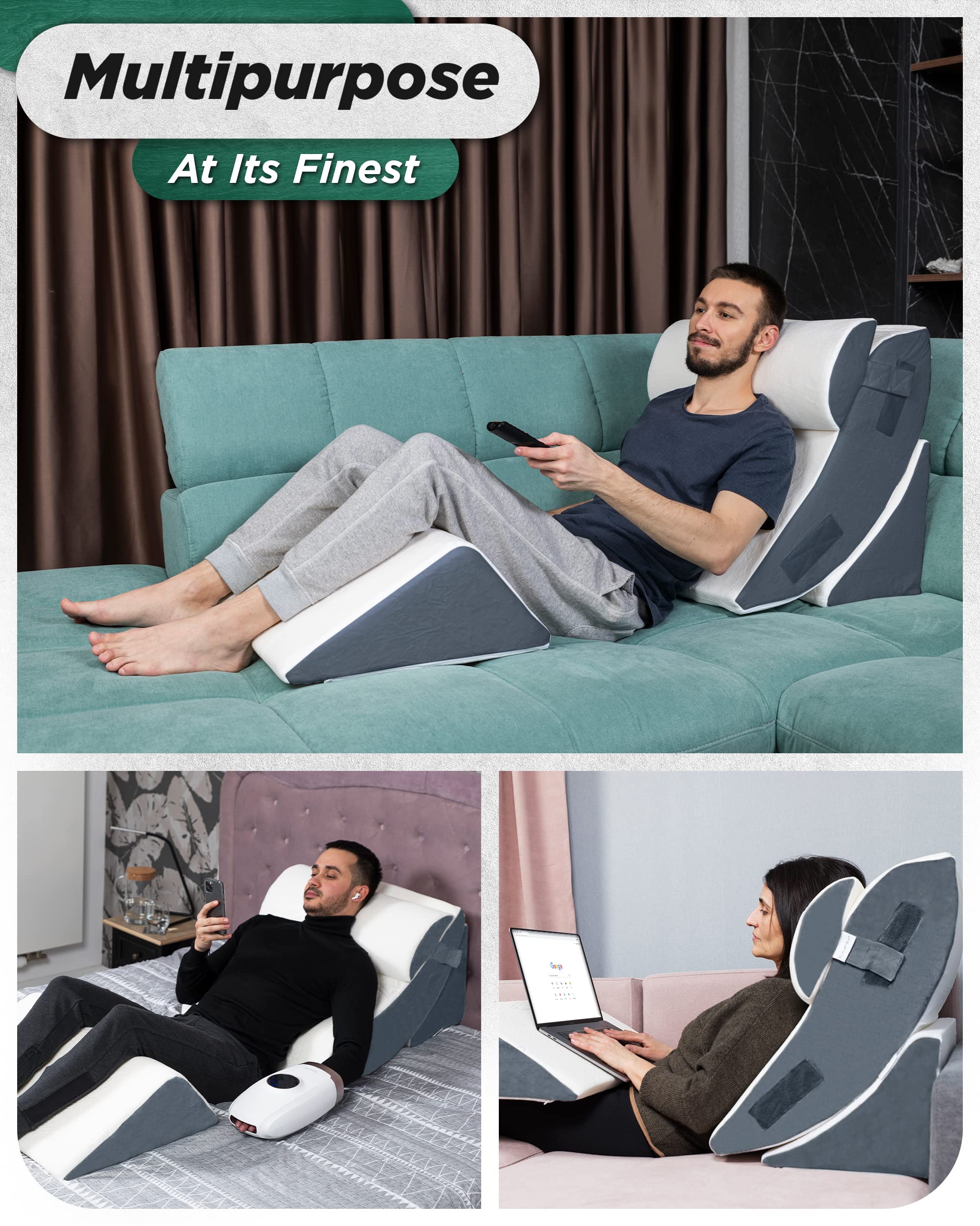 Lunix 4pcs Orthopedic Bed Wedge Pillow Set, Post Surgery Memory Foam for Back, Knee, Leg Pain Relief, Sitting Pillow for Sleeping, Acid Reflux, GERD, with Hot Cold Pack, Navy