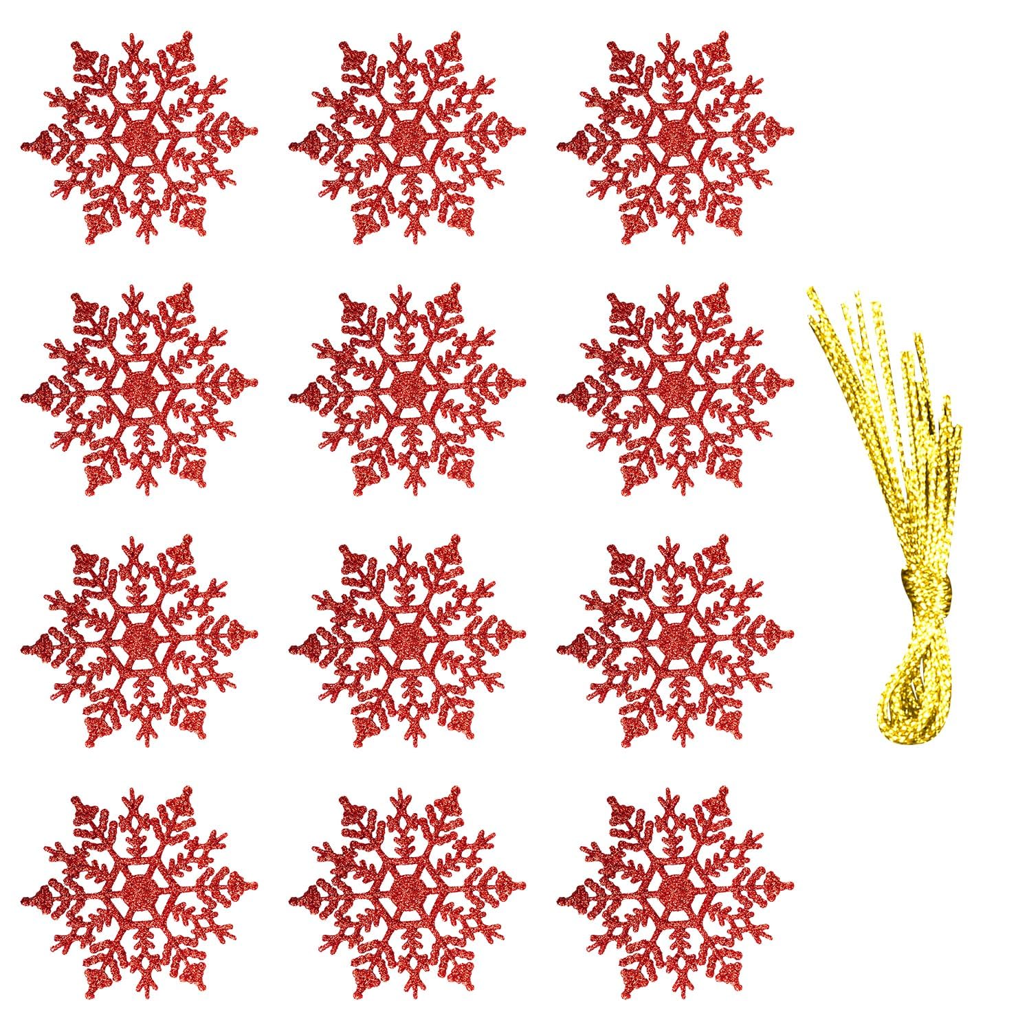 Rumyve 12pcs Winter Snowflake Decorations,3D Plastic Glitter Snowflakes Ornaments,Winter Wonderland Window Decoration Party Winter Wedding Decor(Red)