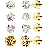4Pairs Flat Back Earrings for Girls Women Hypoallergenic Surgical Steel Screw Back Cartilage Earrings Studs 14k Gold Star Heart Flower Handmade Nap Earrings Set 20G Helix Conch Tragus Piercing Jewelry