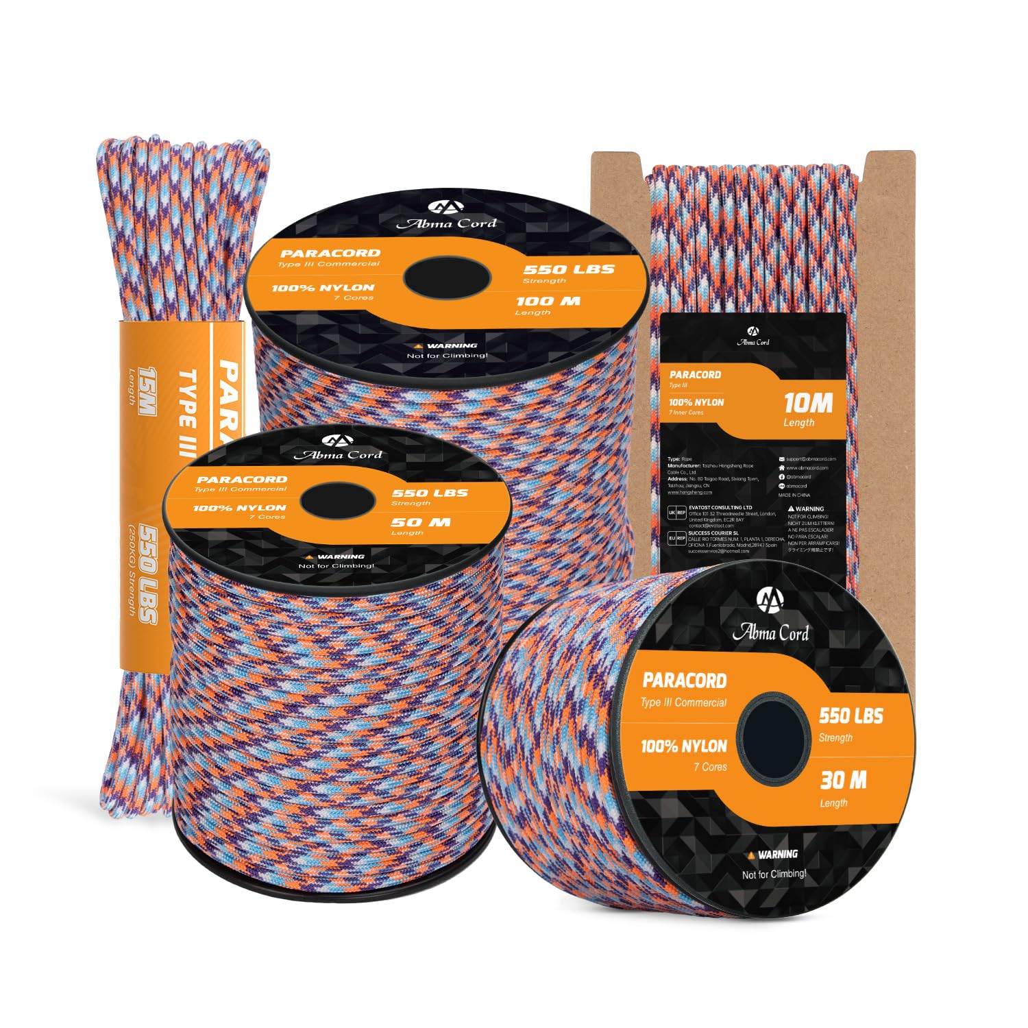 Abma Cord Paracord 550 4mm 15m 100% Nylon Rope Type III 7 Strands Parachute Cord for DIY, Camping, Survival, Outdoor - Max. 250kg - Summit