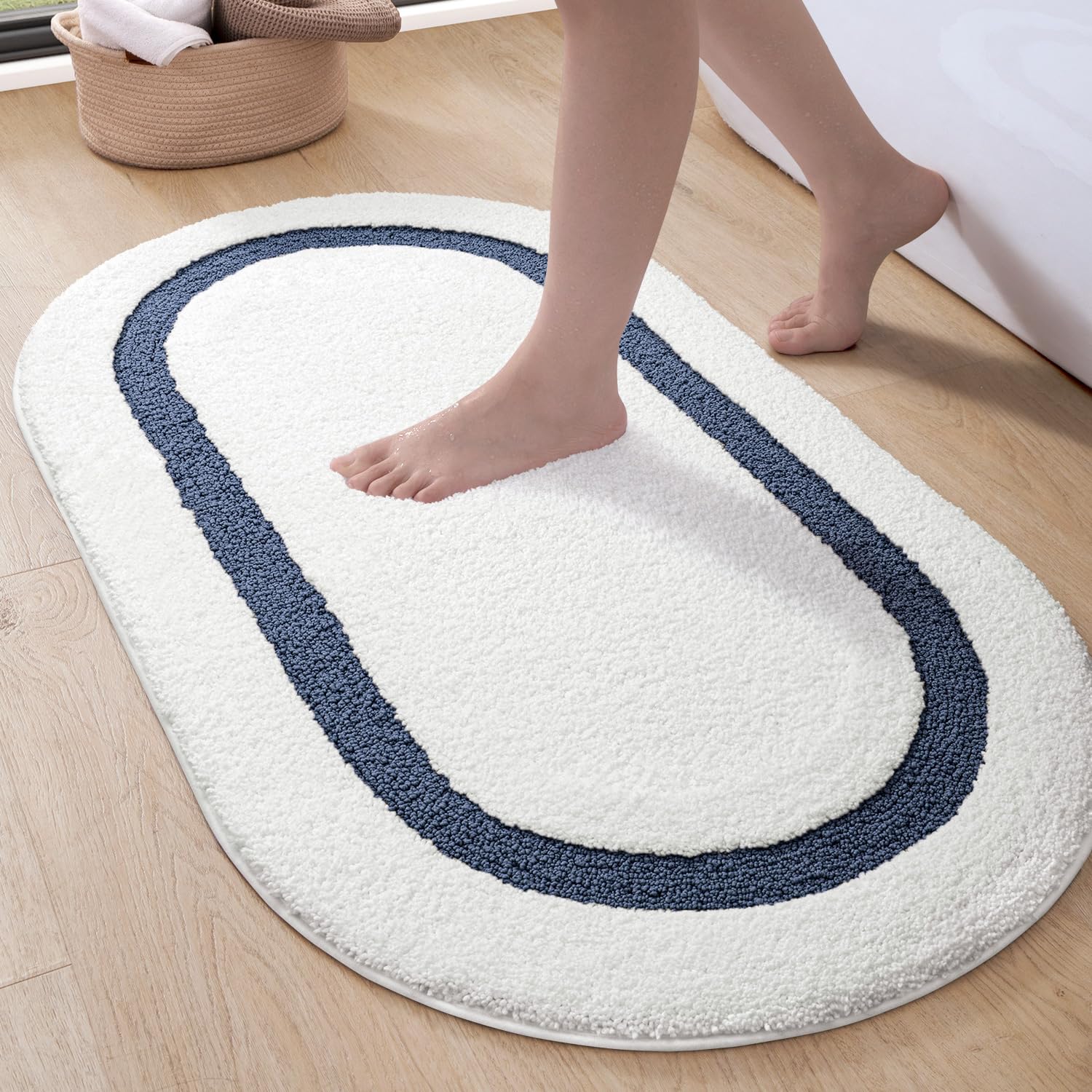 DEXI Oval Bath Mat 61 x 92 cm, Soft Absorbent Microfiber Rugs, Non Slip Machine Washable Floor Mats, Bathroom Accessories Decor, Navy