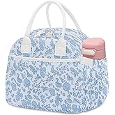 Carry bloom Lunch Box for Women, Insulated Lunch Bag Cute Corduroy Lunchbag Reusable Lunchbox for Work (flower blue)