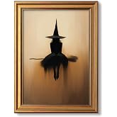 Vintage Gold Framed Halloween Wall Art Witch On Magic Broom Prints 8x10 In | Dark Academia Canvas Pictures, Gothic Spooky Artwork for Living Room Bedroom Office Decorations Decor