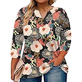 Romanstii Womens Plus Size Tops Casual 3/4 Sleeve V Neck T Shirt Loose Fit Tunic Blouse 1X-5X