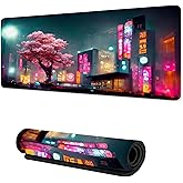 TUBAMQ Japanese Night Mouse Pad,Cherry Blosooms Gaming Keyboard Mat, Non-Slip Rubber Base,Large Extended Desk Mat Protector with Stitched Edges for Home Office 31.5 x 15.7 in