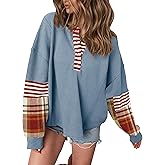 Ardrem Women Color Block Waffle Knit Long Sleeve Shirts Button Up V Neck Sweatshirts Plaid Pullover Tops