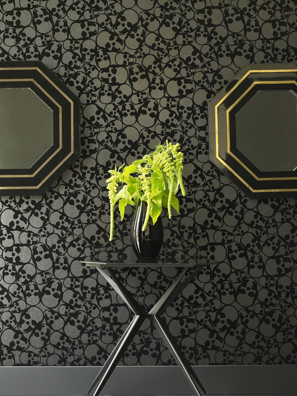Barbara Hulanicki Designer Black Skulls Print Flocked Luxury Wallpaper, 20 x 396 cm