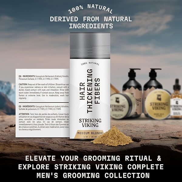 STRIKING VIKING HAIR FIBERS (MEDIUM BLONDE) 28G – NATURALLY DERIVED, LONG-LASTING BUILDING POWDER – UNDETECTABLE FOR THINNING HAIR, FOR MEN & WOMEN