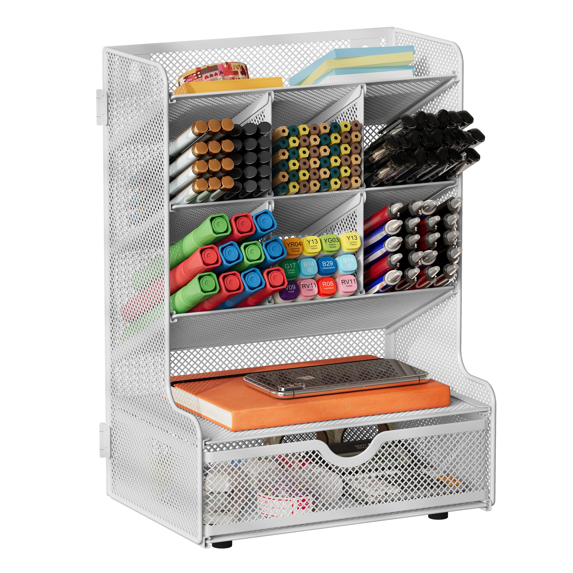 Senhoglb Mesh Pen Holder for Desk, Multi-Functional Pencil Holder with Drawer, Desktop Pen Organiser Easy Assembly, Wall Mount Metal Pen Storage for School, Home, Art Supplies, 9 Compartments, White