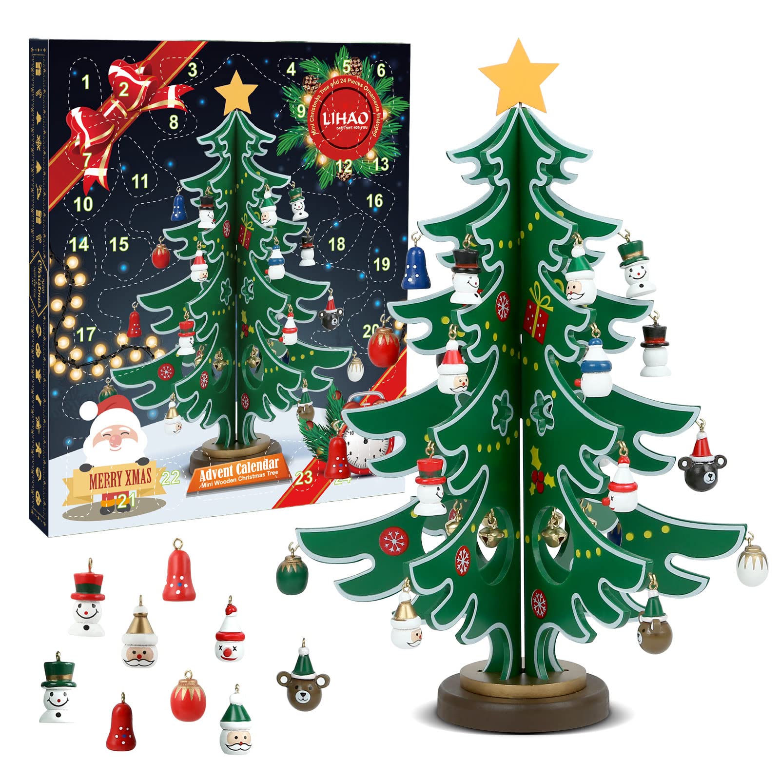 LIHAO Advent Calendar 2025 24 Days Christmas Countdown Calendar Wooden Tree with Miniature Ornaments Tabletop DIY Mini Tree for Christmas Desk Decoration or Gift