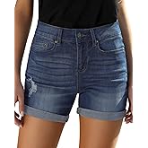 Utyful Women's Casual High Waisted Distressed Shorts Folded Hem Stretch Jean Denim Shorts