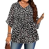Siddhe Plus Size Tops 3/4 Sleeve V Neck Chiffon Blouses Loose Fit Spring Summer Dressy Boho Casual Tunic for Leggings(XL-5XL)