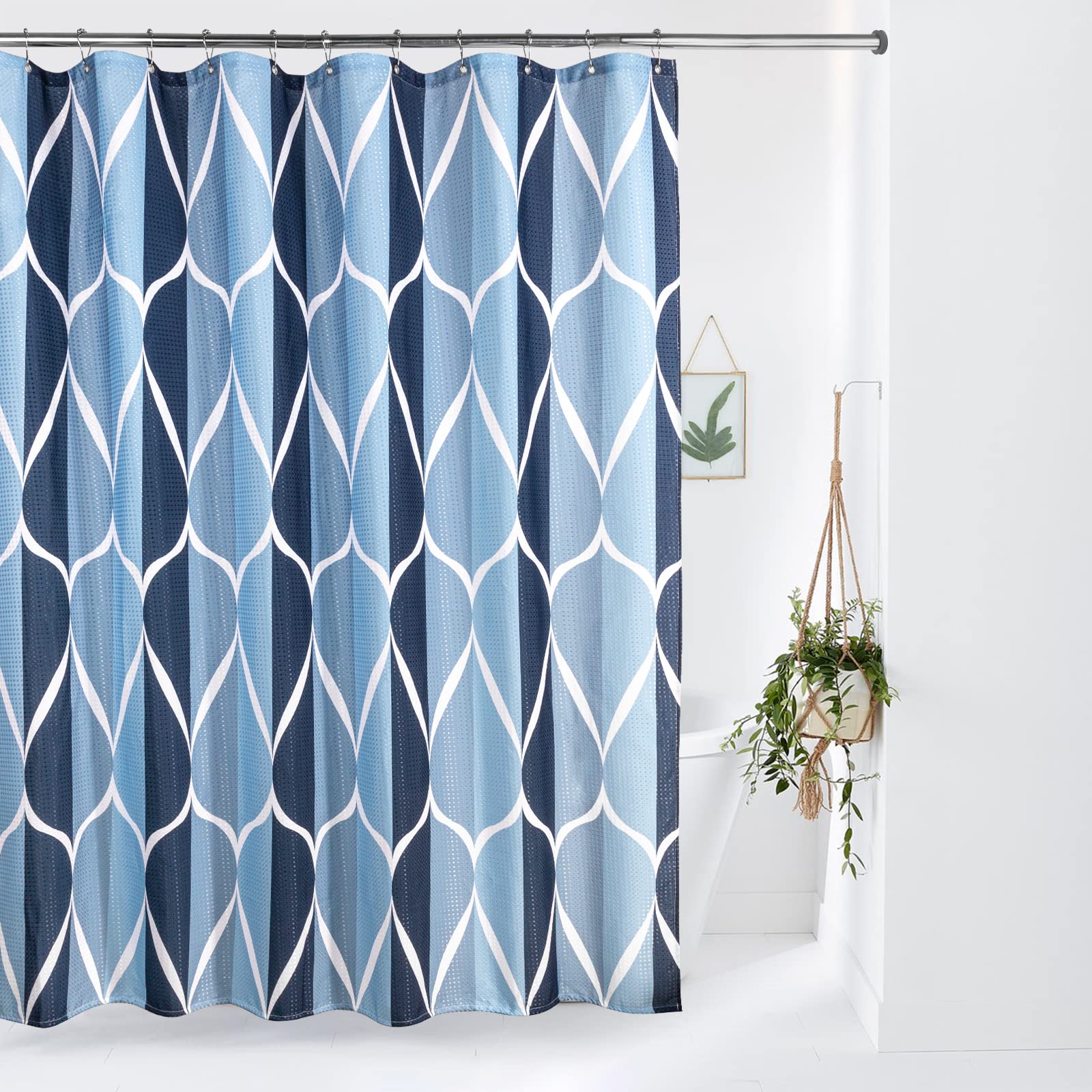 VANZAVANZU Shower Curtain for Bathroom with Metal Hooks Geometric Fabric Shower Curtain Heavy Duty Bath Curtain for Wet Room Bathtub Shower Stall, Weighted Hem, Water Resistant - 182 x 182cm (Blue) — image 1