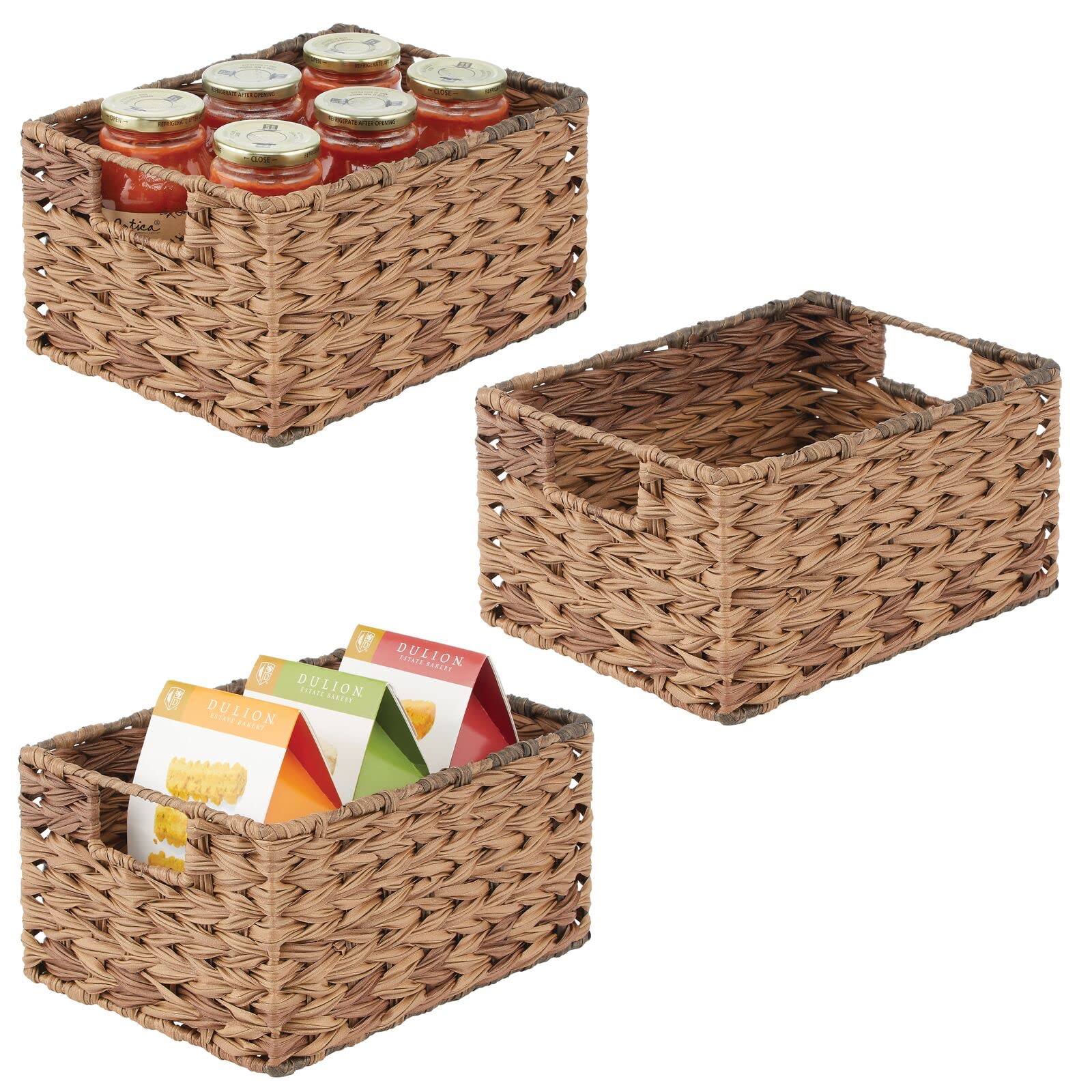 Photo 1 of mDesign Woven Farmhouse Kitchen Pantry Food Storage Organizer Basket Bin Box - Container Organization for Cabinets, Cupboards, Shelves, Countertops - Store Potatoes, Onions, Fruit, 3 Pack, Brown Ombre