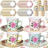 Umigy 60 Sets Tea Party Decorations Floral Paper Tea Cups with Handle and Plates Disposable Blossom Teacups and Saucers Sets with Tape for Hot Cold Drink Birthday(Multicolor,6.5 oz)