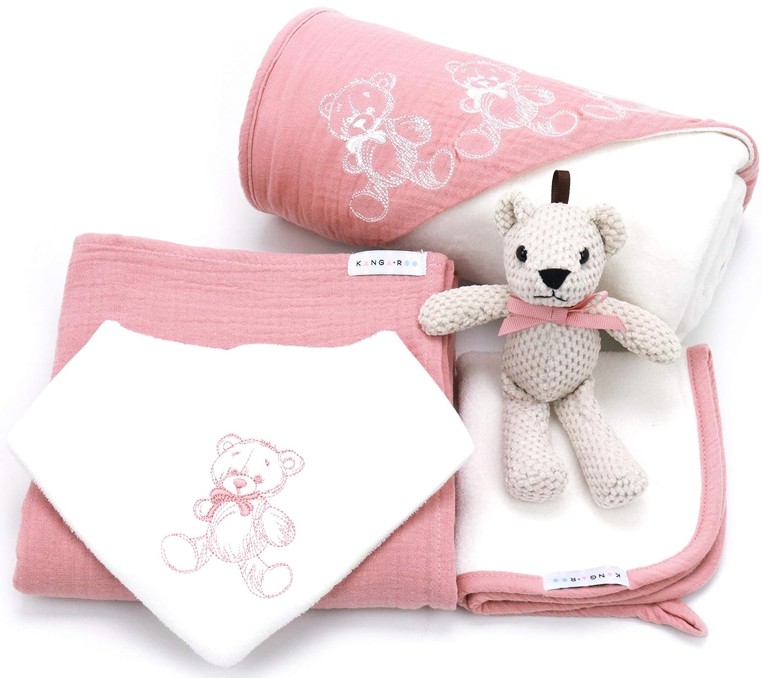 Newborn Baby Gift Basket Set - Shower Gift for Girls. 5 Piece Set. Large Hooded Baby Towel, Washcloth, Cotton Swaddle and Teddy Bear. (Pink) : Baby