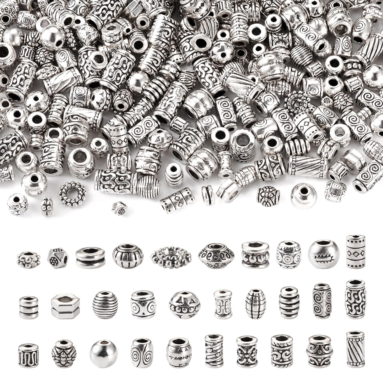 Spritewelry 300Pcs 30 Style Tube Spacer Beads Tibetan Silver Alloy Tube Beads Fit European Bracelet Necklace Earring Jewelry Making
