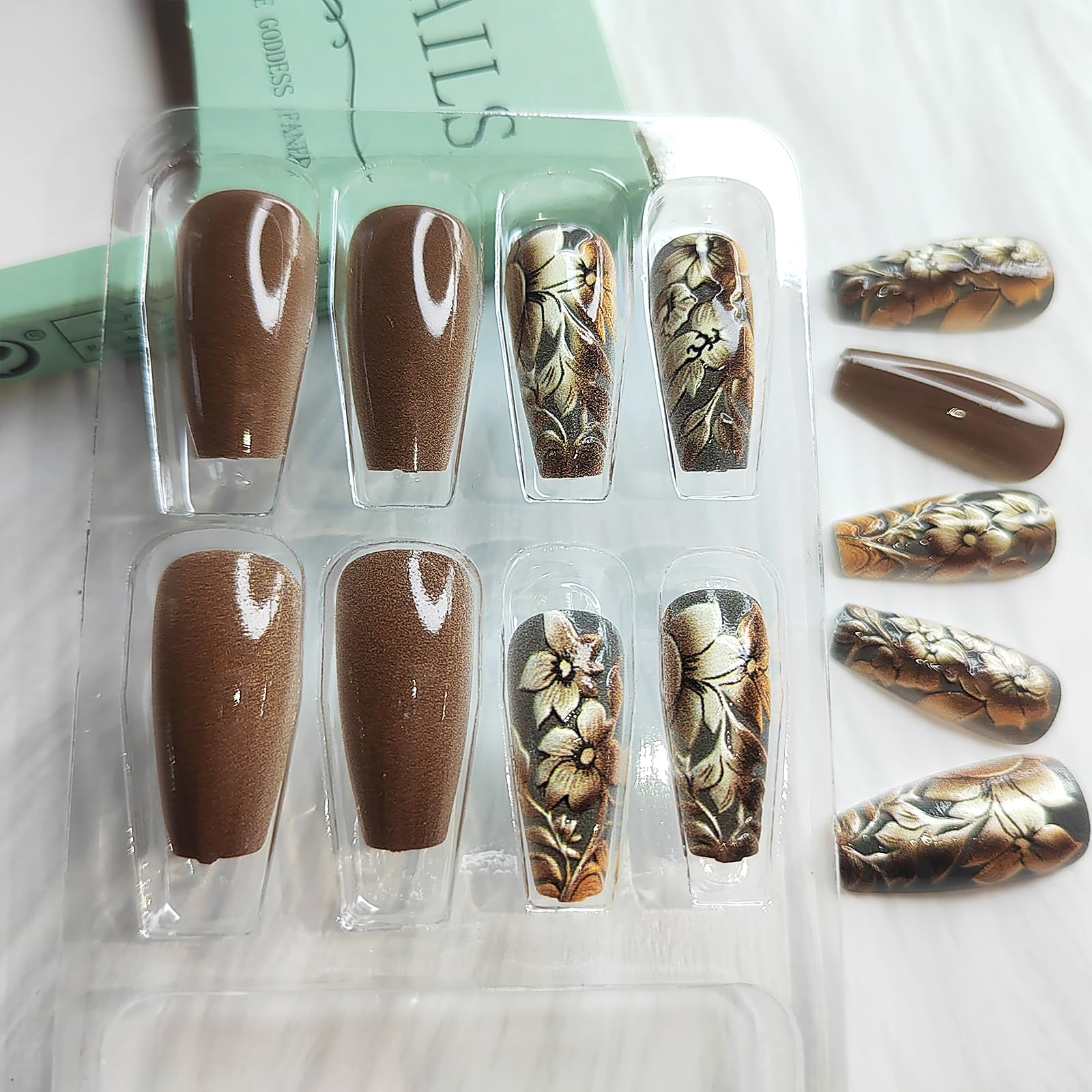 Brown Press on Nails Long Coffin Fake Nails with 3D Gold Embossed Flower Designs Floral Square False Nails Noble Flowers Glue on Nails Luxury Acrylic Artificial Stick on Nails for Women Girls 24Pcs - Image 4