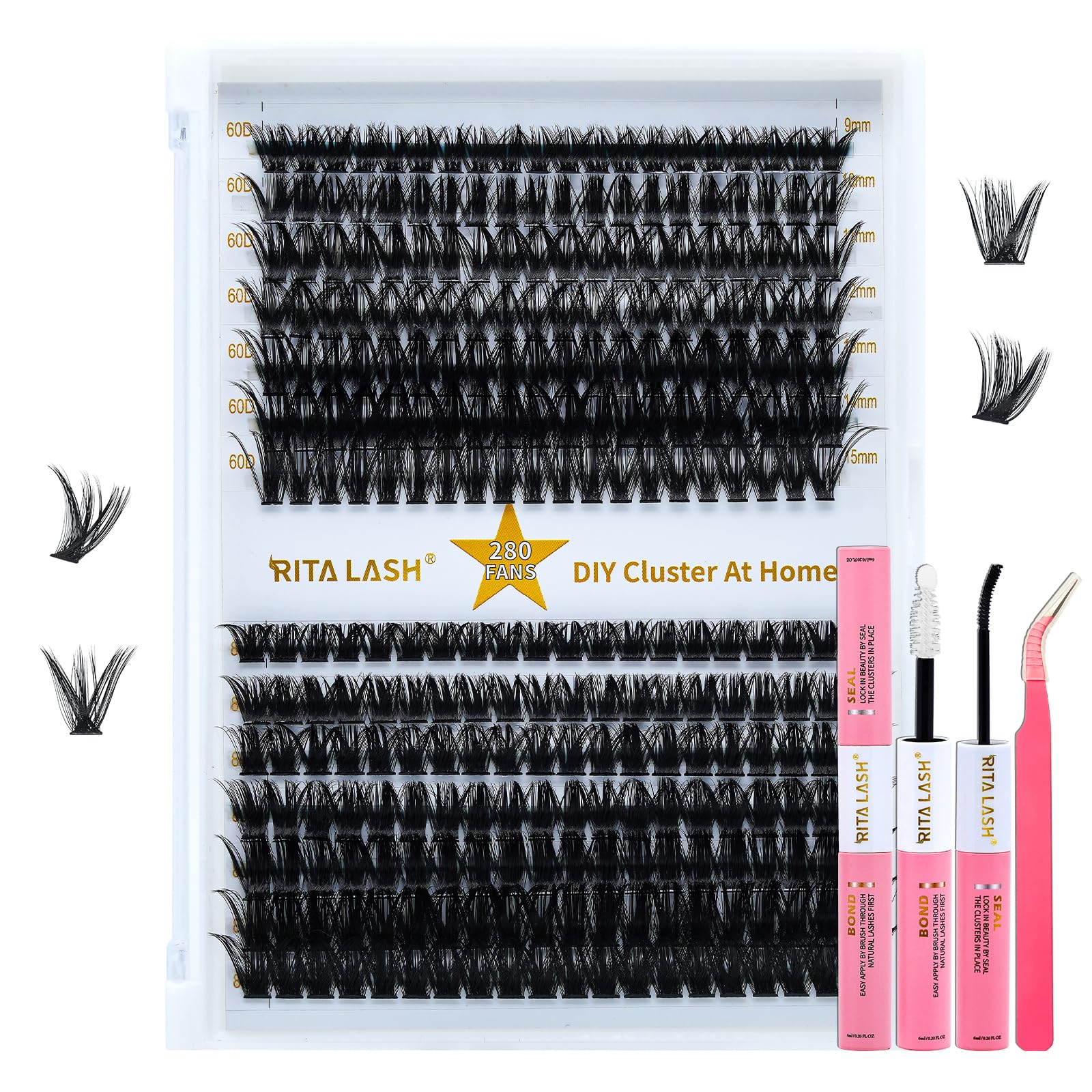 RITALASH DIY Eyelash Extensions Kit, 280 Lash Clusters 60D+80D-0.07-D-9-15Mix, Lash Bond and Seal, Lash Applicator (60D+80D KIT) — image 1