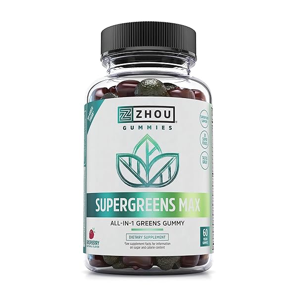 ZHOU SUPERGREENS MAX GUMMIES, GREENS ANTIOXIDANT BLEND, SUPERFOOD SUPPORT SUPPLEMENT, DIGESTION AND IMMUNE HEALTH, CELLULAR ENERGY, PREBIOTIC AND PROBIOTIC BLEND, NO ADDED SUGAR, 60 VEGAN GUMMIES