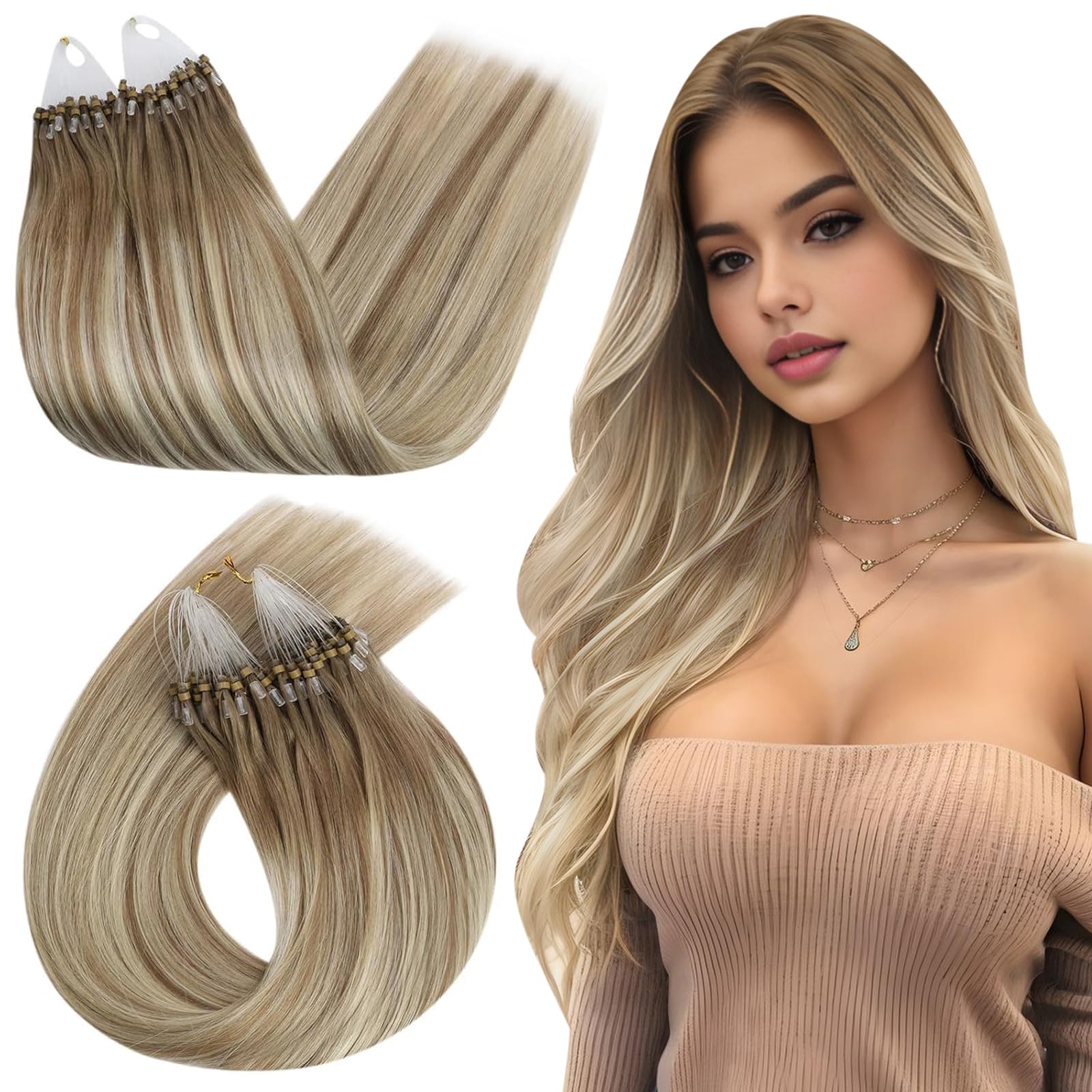 Ugeat Balayage Light Brown Mix Platinum Blonde Micro Ring Hair Extensions for Hair Loss 16 Inch Micro Link Human Hair Extensions 50G/50S #9A/60/9A — image 1