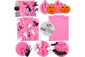 COUUWICK Halloween Silicone Mold 7 Pack Pumpkin Silicone Cake Mold Cupcake Chocolate Mold Skull Batskeleton Hand Bat Ghost Witch Candy Mold for Halloween Party