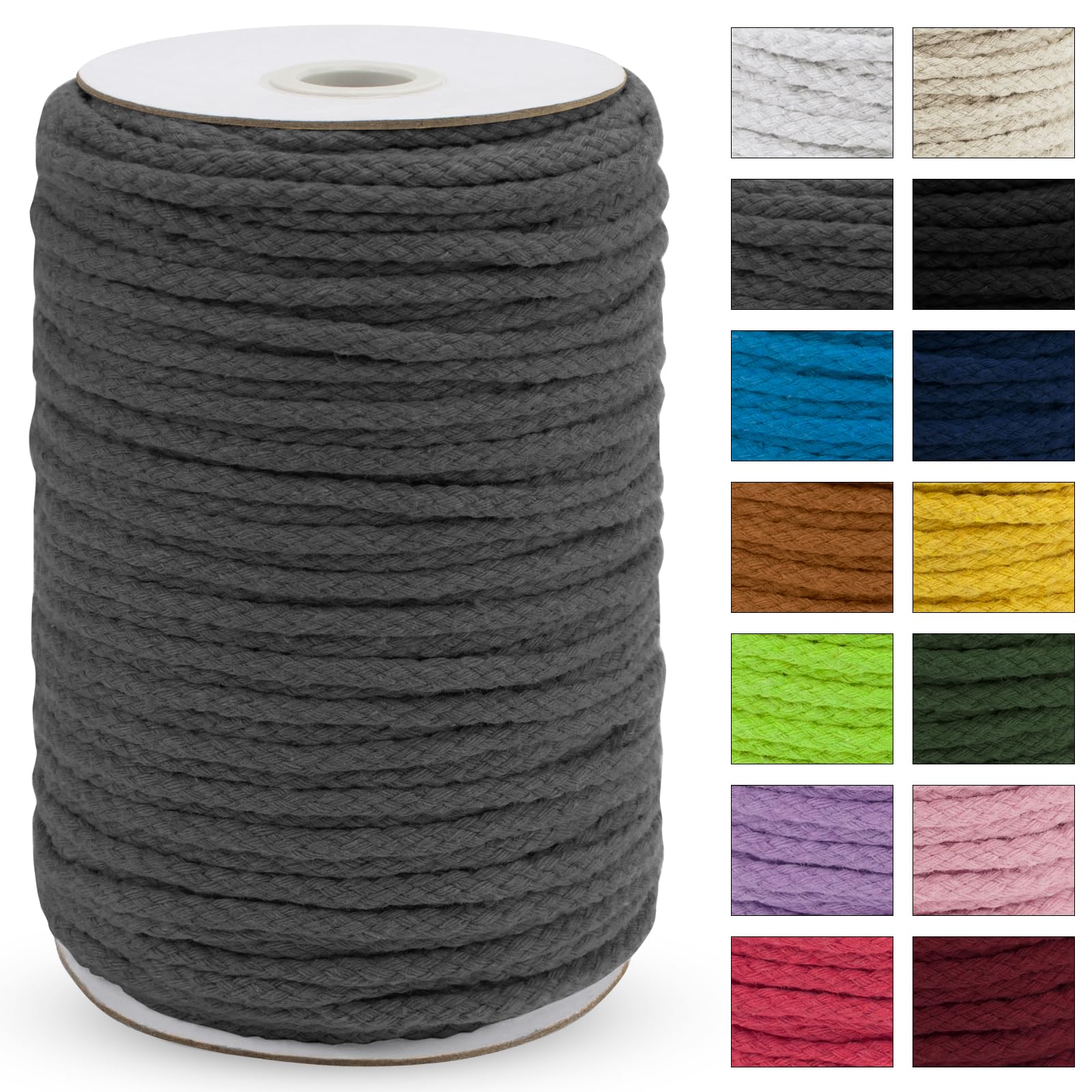 Uiopa Macrame Cord 5mm x 90m, Thick Macrame Rope 8-Strand Braided Cotton Rope, Medium Gray Cotton Cord for Plant Hangers, Wall Hanging, Dream Catcher, Garden, DIY Projects