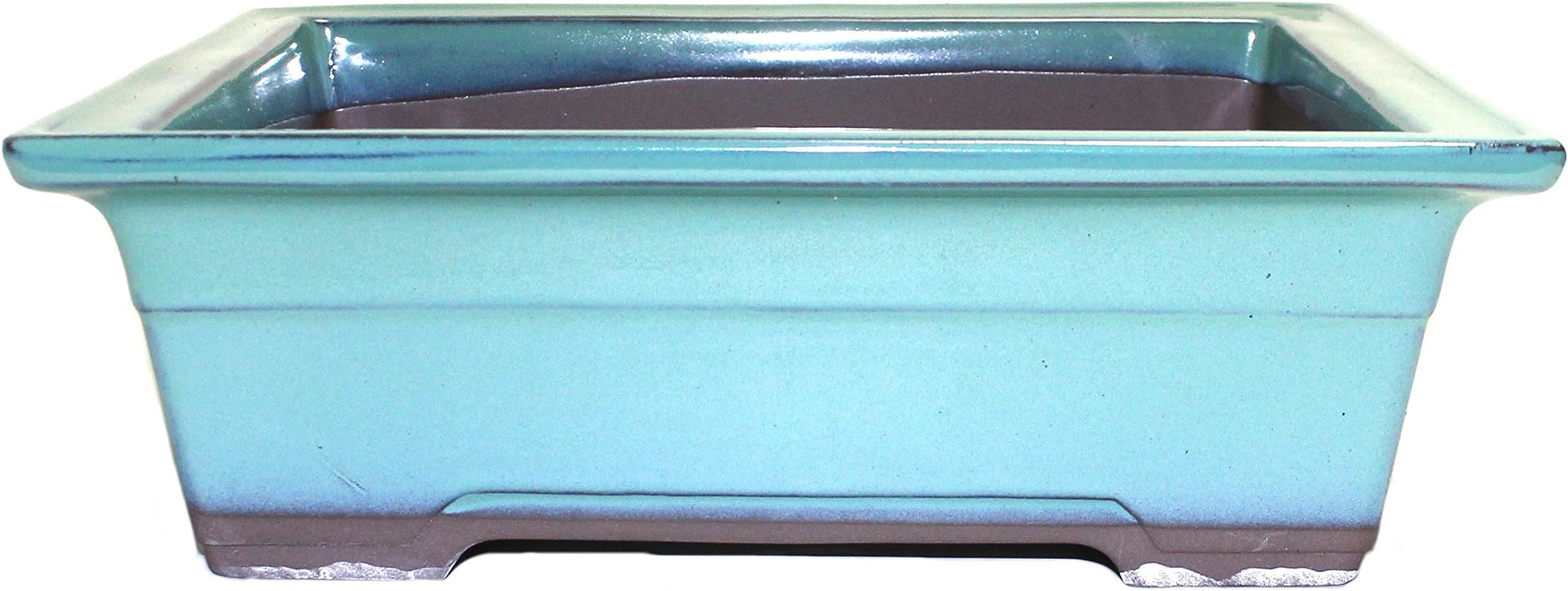 Bonsai Pot Ceramic Glazed Rectangle with Belt-Like Decoration (8.25, Oribe-Yu)