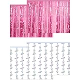 4 Pcs Cowgirl Party Decorations - 2 Boot Silver Metallic Tinsel Fringe Curtains & 2 Candy Pink Backdrops for Birthday Supplies Last Rodeo Bachelorette Wedding Disco Decor