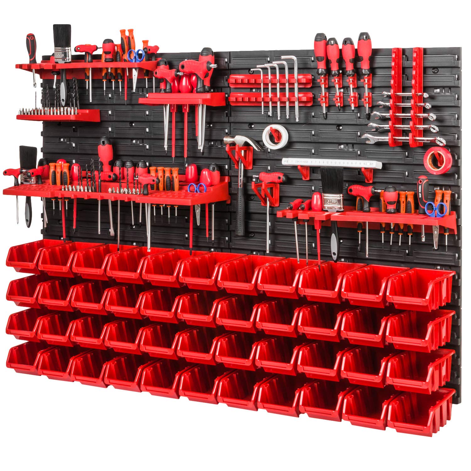 PAFEN Storage System Workshop Shelving - 1152 mm x 780 mm - Wall Shelf with 44 Pieces Red Stacking Boxes and Tool Holder - Chute Rack Wall Plates Extra Strong System