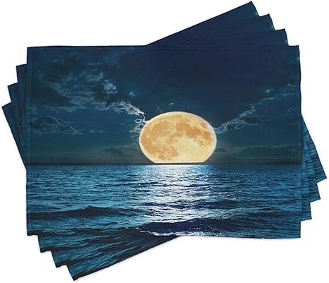 Amazon Com Ambesonne Ocean Place Mats Set Of 4 Super Moon Over Ocean Surface Midnight View Dreamy Mystic Picture Print Washable Fabric Placemats For Dining Room Kitchen Table Decor Yellow Navy Home