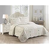 Brilliant Sunshine Grey Angel and Pink Floral Patchwork, 3-Piece Quilt Set with 2 Shams, Reversible Bedspread, Soft Lightweight Coverlet, All-Season, Full/Queen, Pink Grey