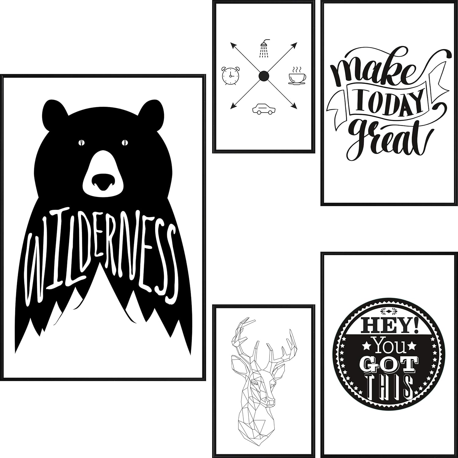 Poster 5er Set mit schwarzem Rahmen schwarzweiß