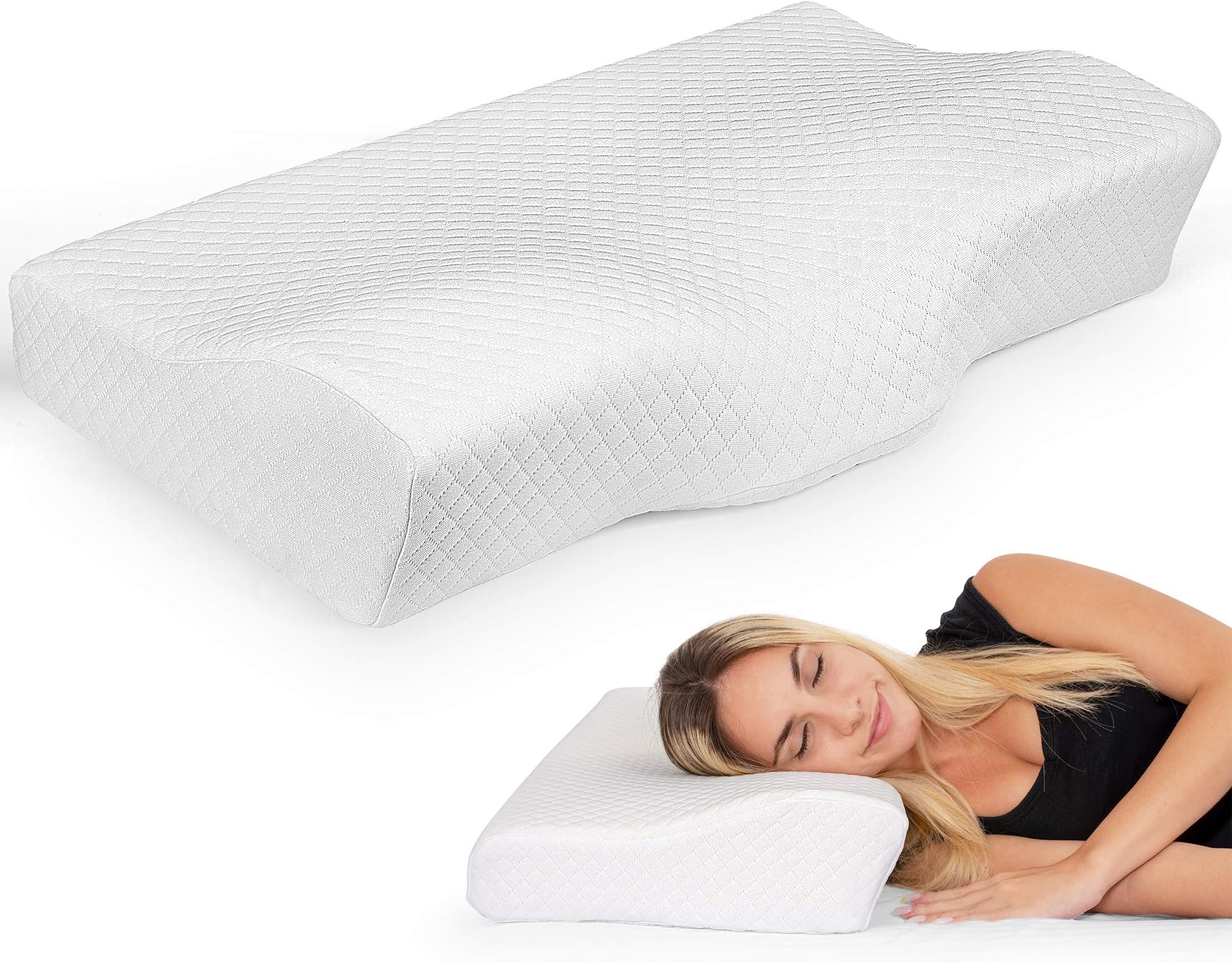 Healthex Neck Contour Orthopaedic Pillow - Polyester Outer Cover - Super-Soft Memory Foam Cervical Pillow - Breathable, Lightweight, Compact & Comfortable - Reduces Pain & Inflammation