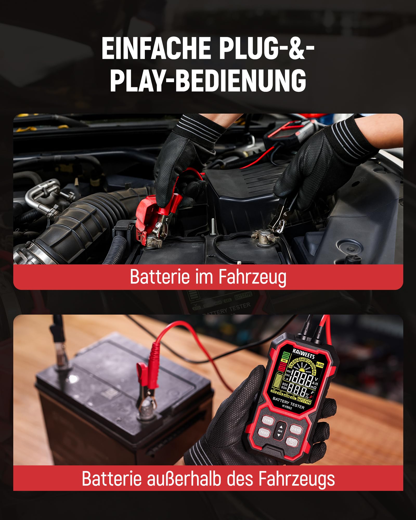 KAIWEETS Batterietester KFZ 12V/24V Digital Autobatterie Tester 50–2000 CCA mit SOH/SOC Analyse LCD Batterie Prüfgerät mit Cranking-Test für Auto SUV Motorrad 8