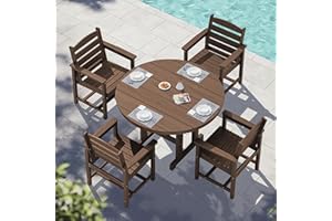 SERWALL 5-Piece Patio Dining Sets, HDPE Outdoor Table and Chairs Furniture Set, 45" Round Dining Table and 4 Dining Chairs, Brown