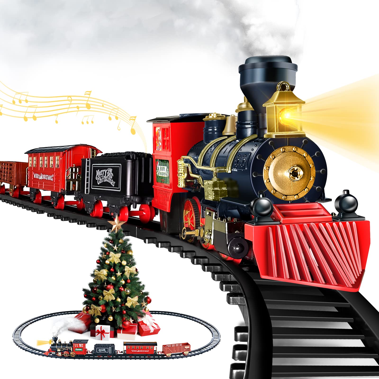 Photo 1 of Shemira Christmas Train Set, Train Toys for Boys Girls,Toy Train with Light Smoke and Sound, Steam Train Set for Around Christmas Tree, Toys Gifts for 3 4 5 6 7 8+ Year Old Kids