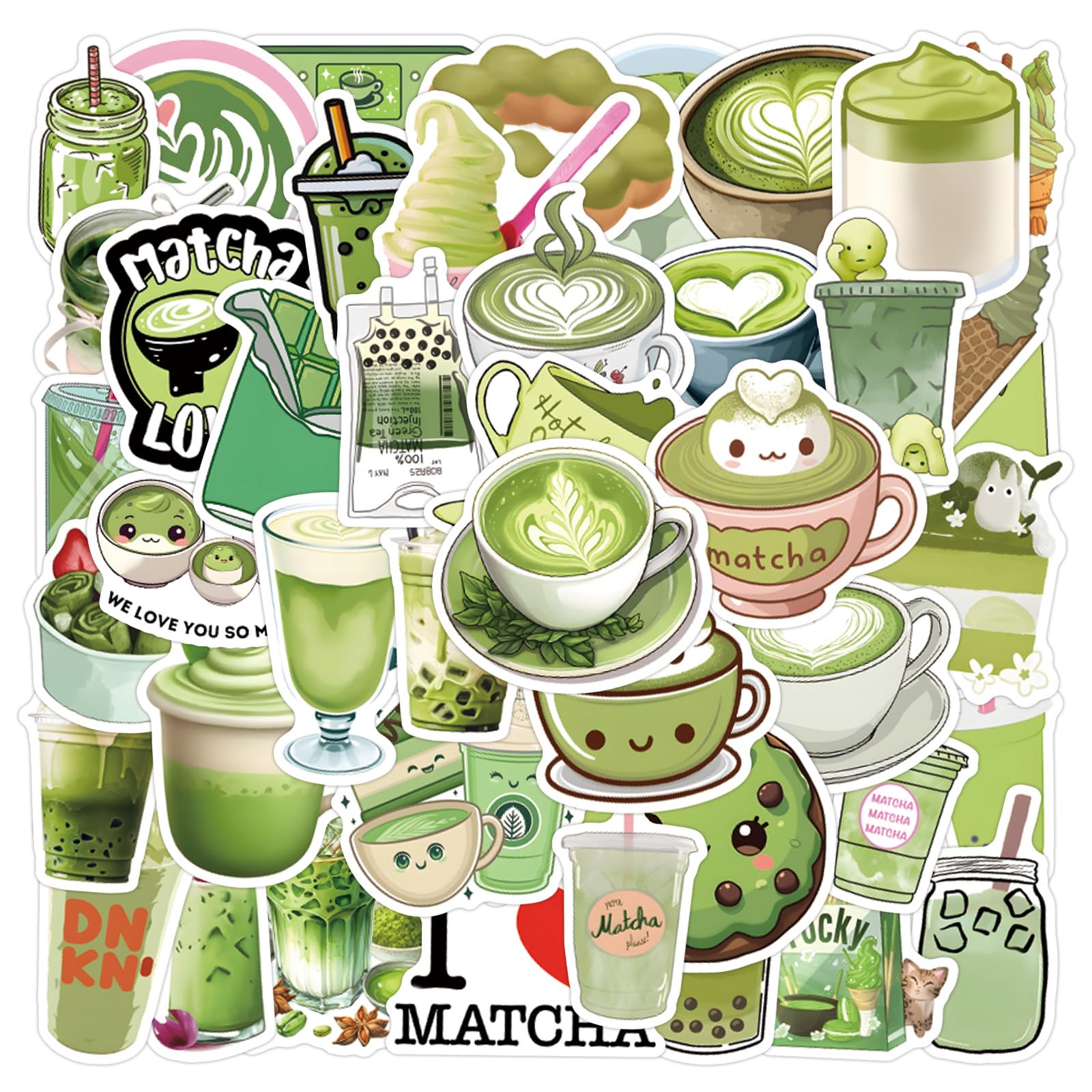 50 Pcs Matcha Stickers Laptop Car Scrapbook Phone Skateboard Suitcase Luggage Bike Summer Vinyl Waterproof Aesthetic Personalised Stickers for Teens Boys Girls Adults