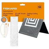 Fiskars 3-Piece Fabric Cutting Set, Rotary Cutter, Cutting Mat &amp; Ruler | 45mm Ergonomic Loop Rotary Cutter w/ Blade, Sewing Ruler to Cut Directly from the Bolt, Folding Cutting Mat for Easy Storage