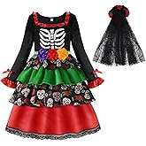 ReliBeauty Kids Day of The Dead Costume for Girls Sugar Skull costume with Flower Headband