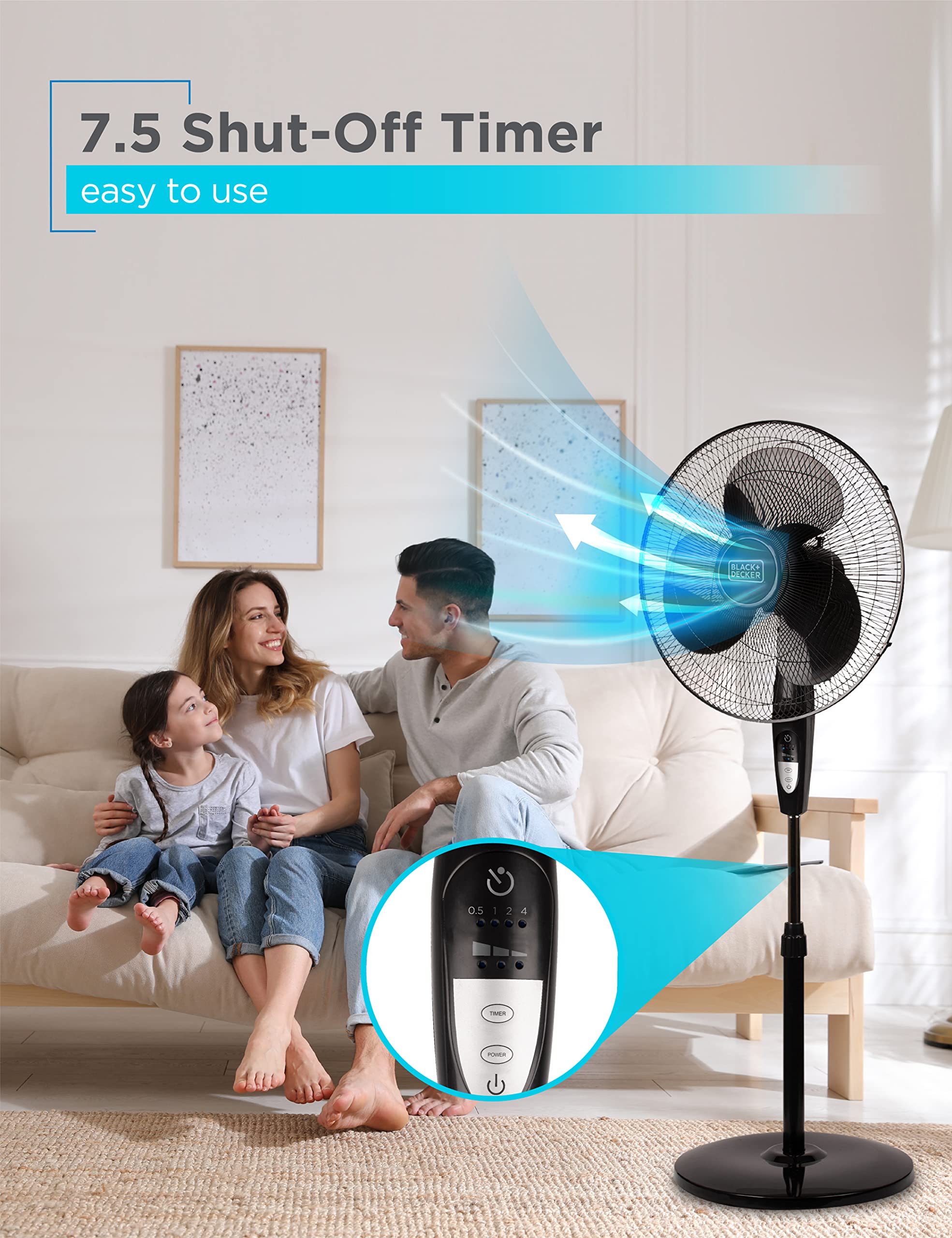 BLACK+DECKER 16 Inches Stand Fan with Pedestal Base, Height Adjustable Pedestal Fan with Remote and Touch Control Panel, Free Standing Fan with 90-Degree Oscillating and 3-Speed Settings, Black