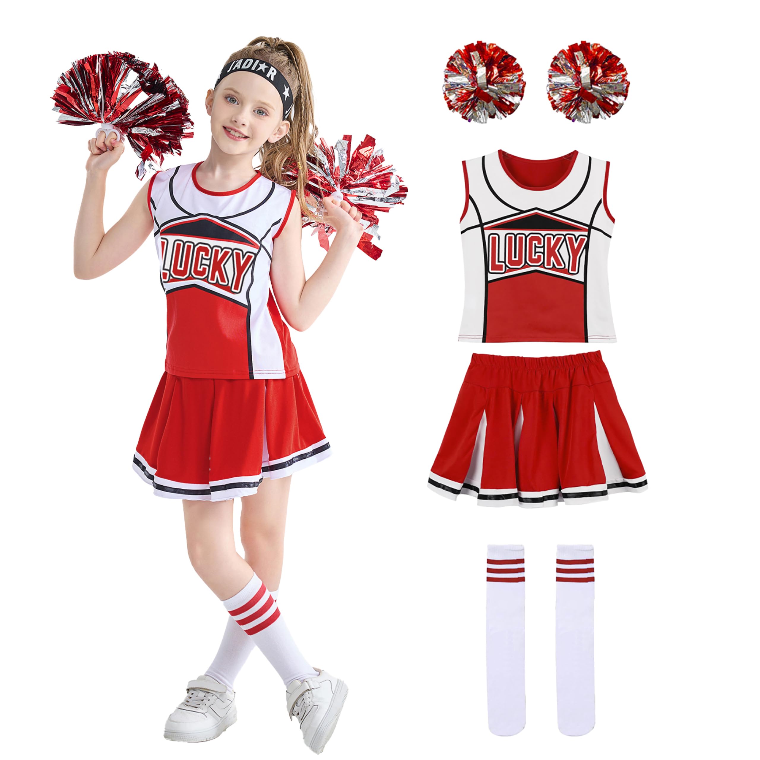 LOLANTA Girls Blue & Red Cheerleading Costume with Pompoms & Socks, Halloween Party Cheers Fancy Dress, Red, 5-6 Years, 120