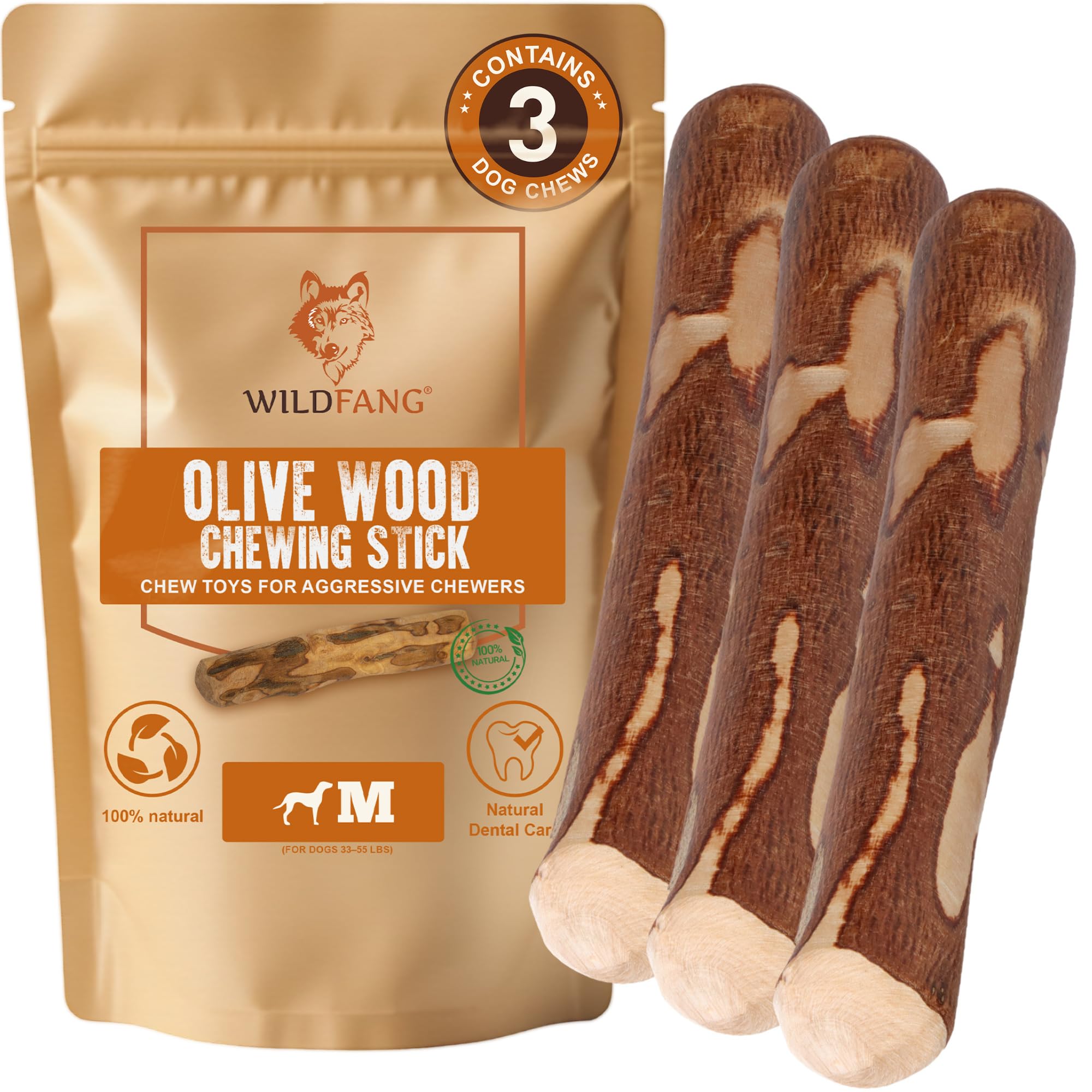 Wildfang® Olive Wood Dog Chew, Medium- Tough Dog Chew Toys for Aggressive Chewers, Puppy Chews Sticks for Teething, Training for Chewing Muscles, Olive Sticks for Dogs (15-25 kg), 3pack