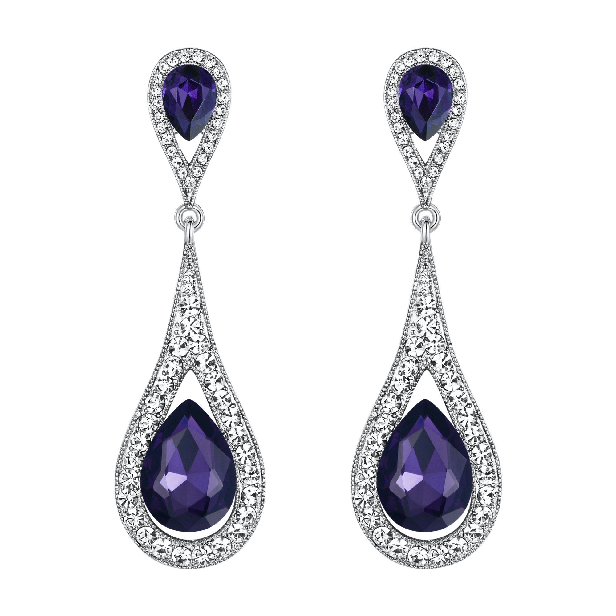 EVER FAITH Purple Crystal Teardrop Dangle Earrings for Women Girls, Sparkly Rhinestone Vintgae Statement Drop Pierced Earring Wedding Prom Birthday Party Jewellery for Brides Bridal Silver-Tone