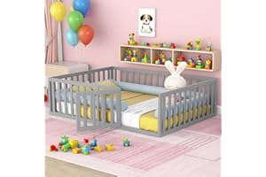 Bellemave Full Size Floor Bed with Fence and Door, Kids Montessori Floor Bed Without Slats