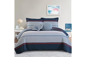 Finlonte Twin Quilt Set, Cute Navy Blue White Striped Design for Kids Boy, Cotton Lightweight Twin Bedspread, Breathable Skin-Friendly Soft Twin Size Quilt for All Season, 2-Pieces