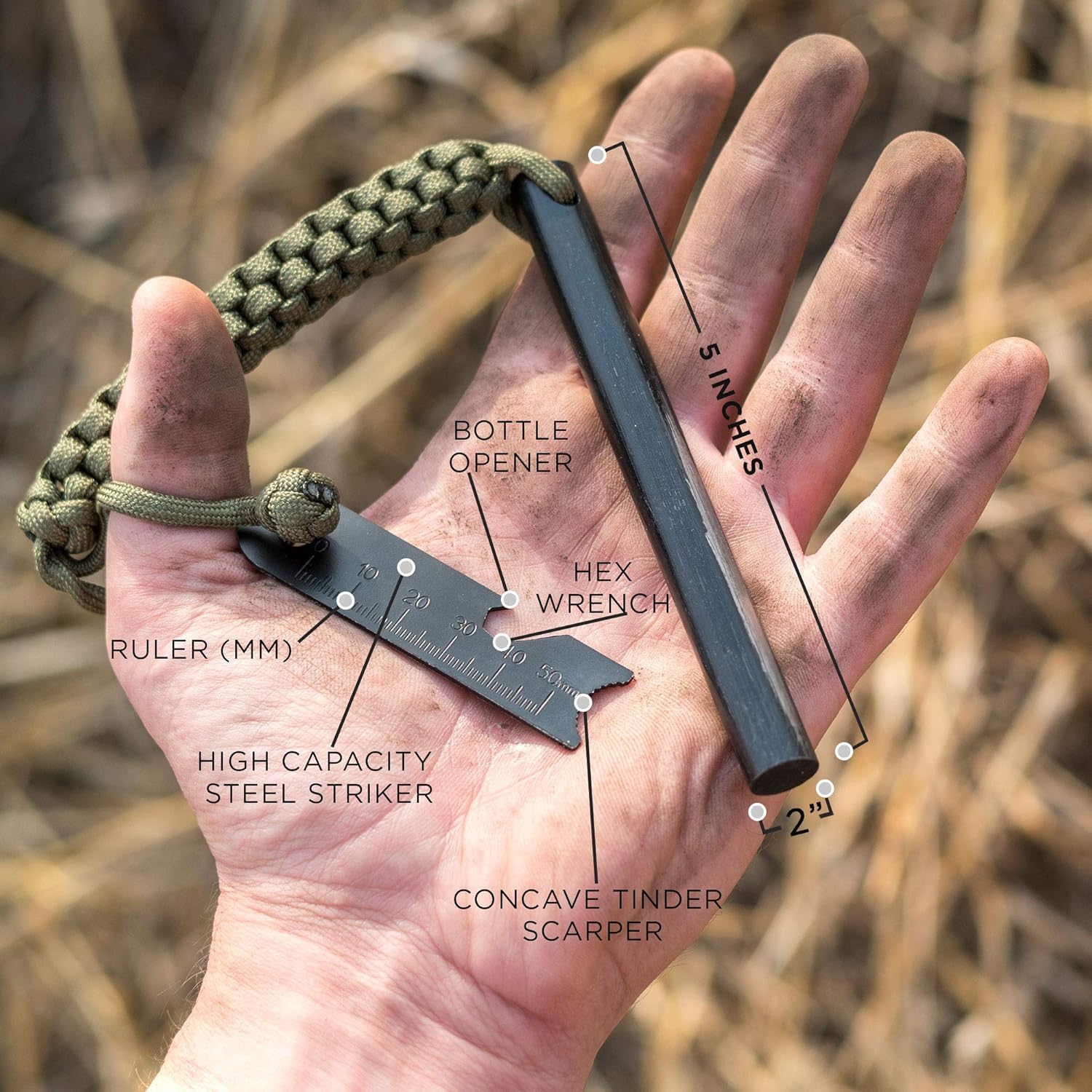 KobraGear Emergency Magnesium Fire Starter Ferrocerium Ferro Rod 5 inch x ½ inch with Survival Paracord Lanyard and Steel Multitool Striker (Green): Sports & Outdoors