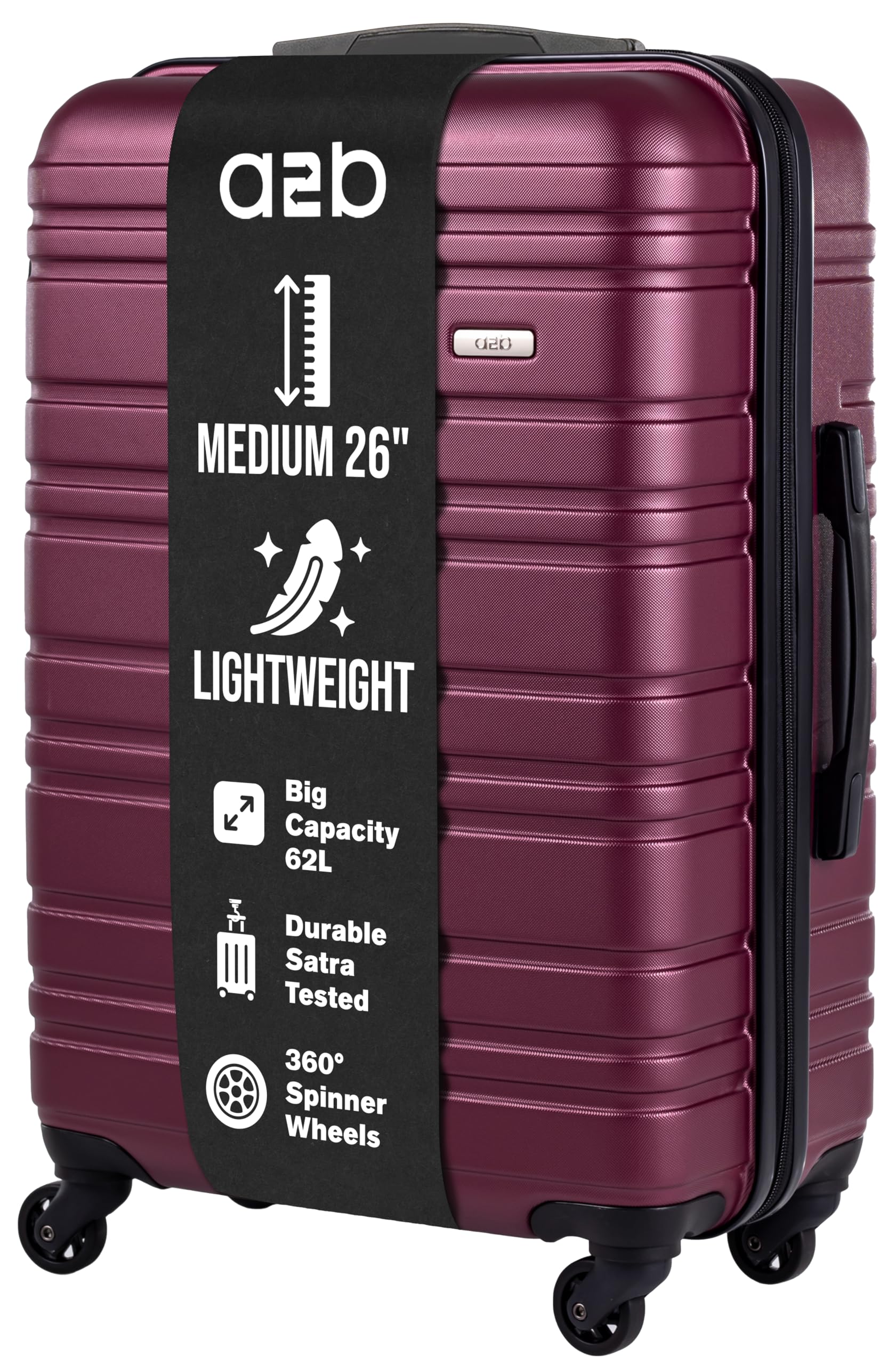 A2B 26" Medium Lightweight Hard Shell Suitcase - Plum Coloured Luggage with 4 Spinner Wheels, Durable ABS Travel Cases for Holiday, Stress Tested Zippers (Plum, Medium)