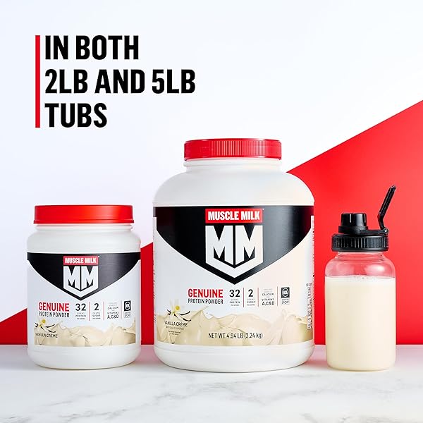 MUSCLE MILK GENUINE PROTEIN POWDER, STRAWBERRIES ‘N CRÈME, 1.93 POUNDS, 13 SERVINGS, 32G PROTEIN, 3G SUGAR, CALCIUM, VITAMINS A, C & D, NSF CERTIFIED FOR SPORT, ENERGIZING SNACK, PACKAGING MAY VARY