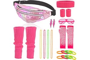 Abitoncc 80s Women's Costumes Accessories Set Halloween Retro 80s Pink Neon Leg Warmers Headband Fanny Pack Wristbands Gloves